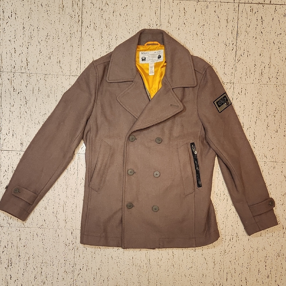Diesel Brown Tan Wool Blend Button Down Pea Coat Casual Dress Jacket Vintage Y2K